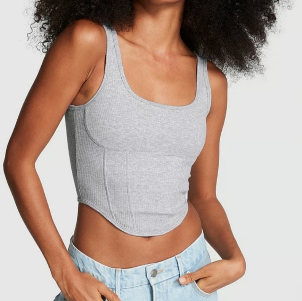 NWT Victoria’s Secret PINK The Cinched Pique Corset Crop Tank Top Gray Ribbed MD